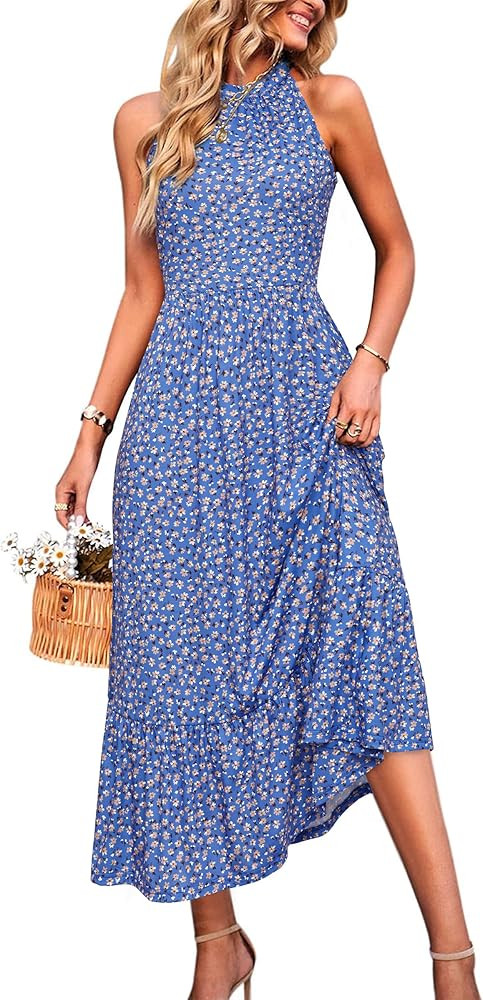 STYLEWORD Women’s 2025 Summer Dress Maxi Vacation Floral Halter Neck Sleeveless Flowy Sundress ... | Amazon (US)