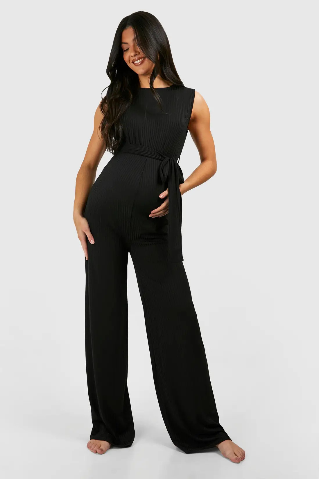 Black Maternity Rib Belted Sleeveless Lounge Jumpsuit | Boohoo | Boohoo.com (UK & IE)
