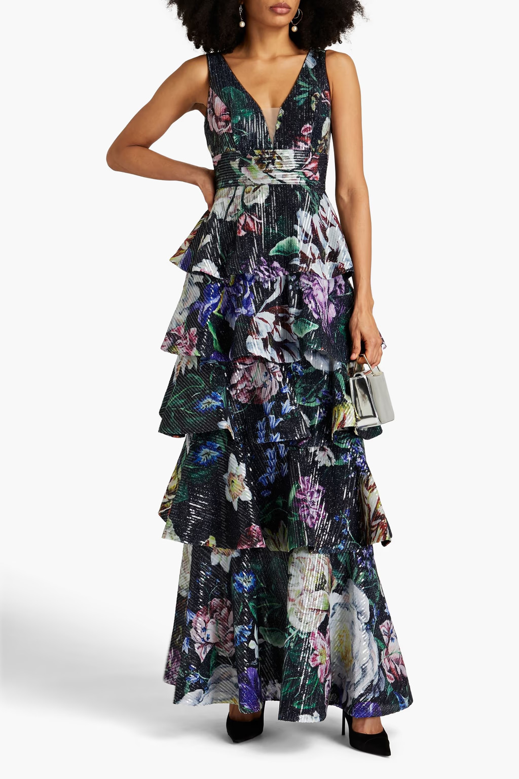 Tiered embellished floral-print chiffon gown | The Outnet (US and CA)