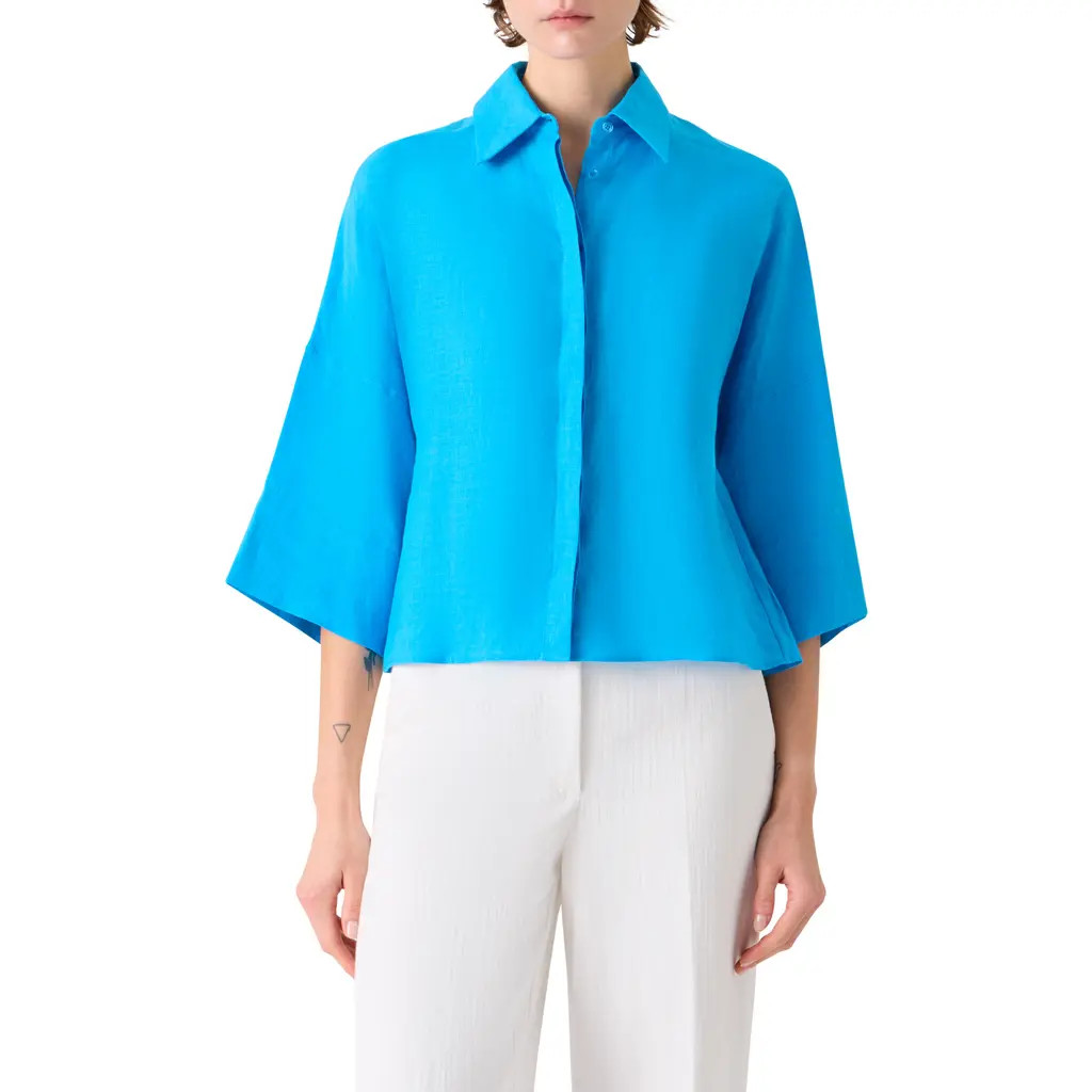 Akris punto Crop Washed Linen Shirt in Turquoise at Nordstrom, Size 16 | Nordstrom