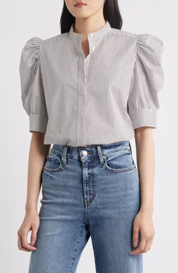 FRAME The Shirred Puff Sleeve Stripe Organic Cotton Top in Espresso Multi at Nordstrom Rack, Size Large | Nordstrom Rack