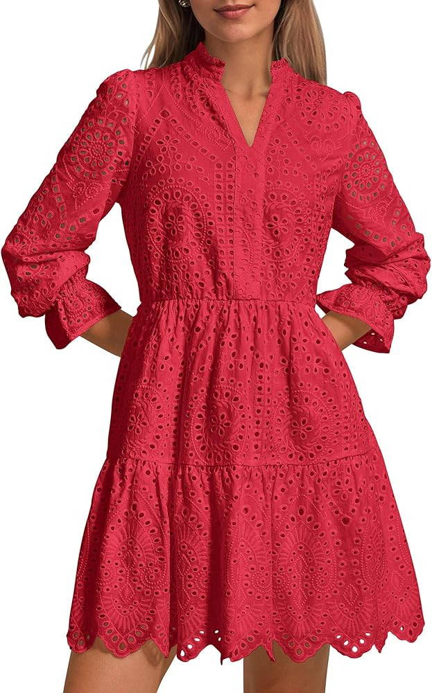 PRETTYGARDEN Women's Spring 2025 Long Puff Sleeve Mini Dress Hollow Out Lace V Neck A Line Ruffle... | Amazon (US)