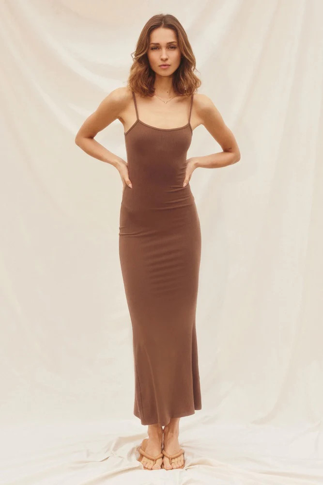 Brown Ribbed Basic Midi Dress | PinkBlush Maternity