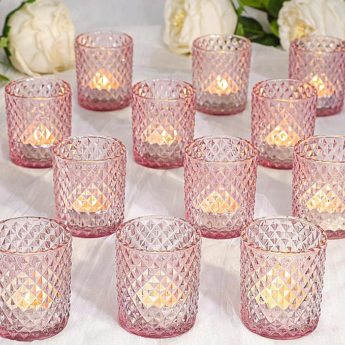 TBWIND 24 Pcs Votive Candle Holders, Pink Glass Candle Holders Bulk for Table Centerpiece, Tea Li... | Amazon (US)