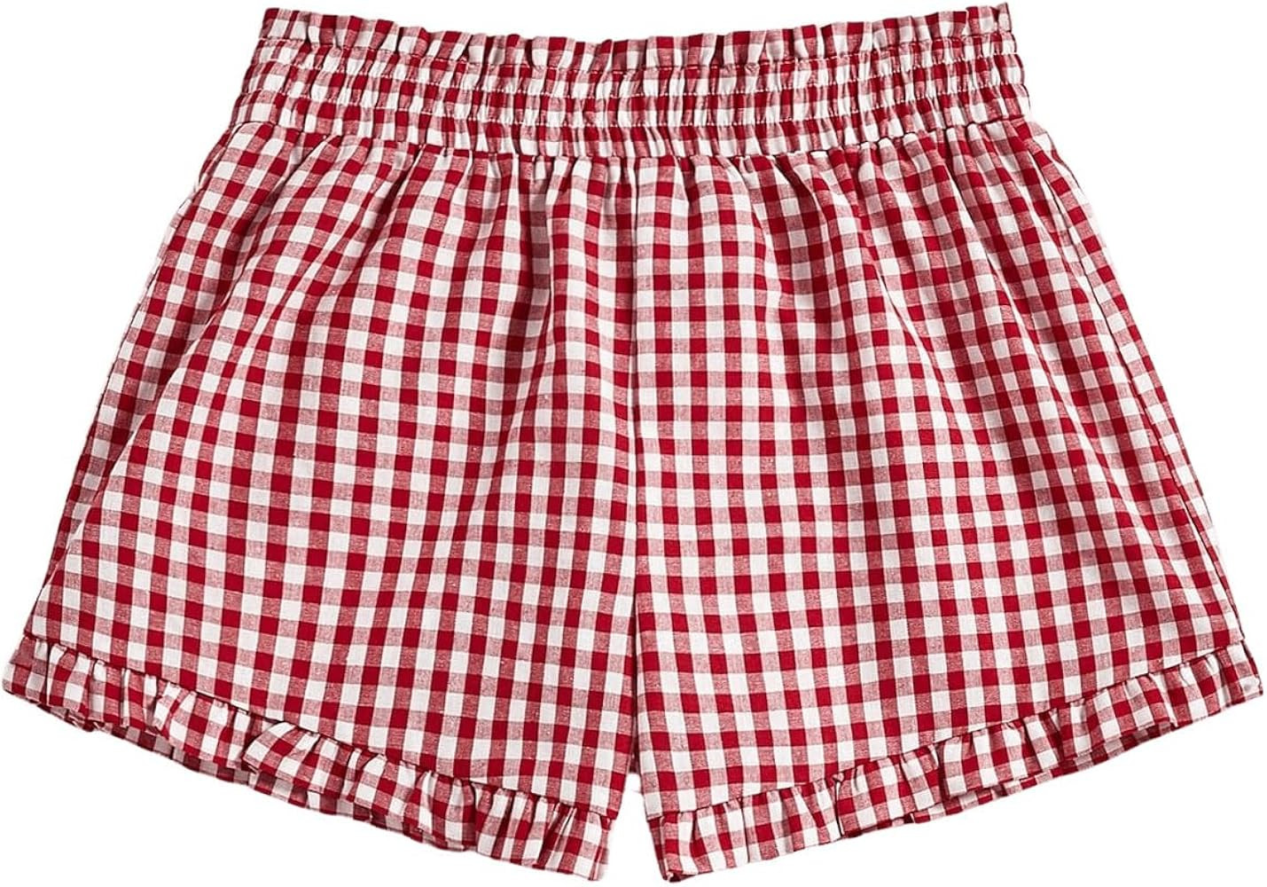 SweatyRocks Women's Summer Shorts Elastic Waist Wide Leg Ruffle Hem Plaid Shorts | Amazon (US)