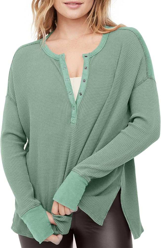 Tankaneo Womens Long Sleeve Henley Shirts Deep V Neck Waffle Knit Tunic Tops with Thumb Hole | Amazon (US)