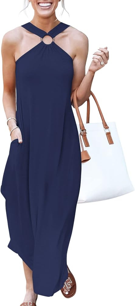 ANRABESS Women Summer Halter Neck Sundress Sleeveless Split Side Casual Beach Travel Vacation Max... | Amazon (US)