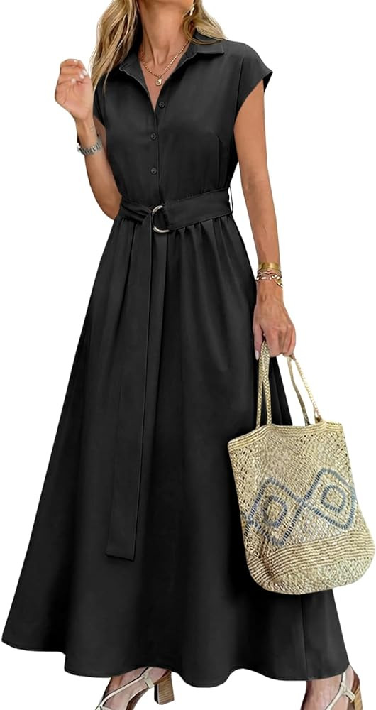 Wenrine Womens Summer Shirt Dress Button Collared Casual Short Sleeve Tie Waist A Line Flowy Long... | Amazon (US)
