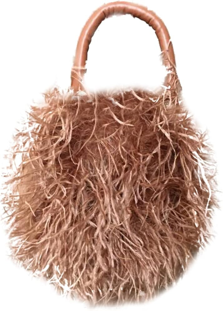LVCOMEFF Women Ostrich Feather Mini Handbag Wallet Round Purse for Party Fluffy Plush Luxurious | Amazon (US)