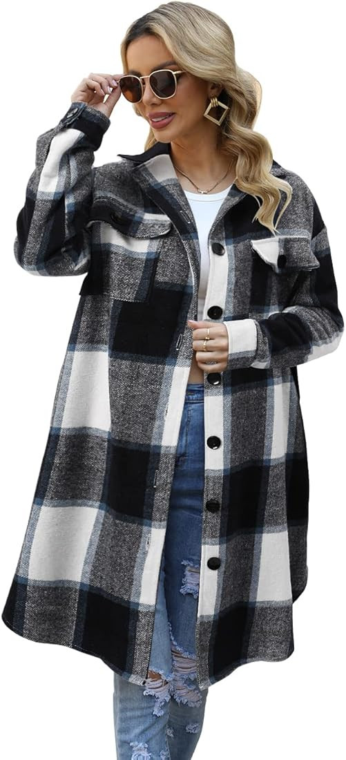SIKAINI Womens Lounge Lapel Button Down Long Sleeve Plaid Long Shirt Jacket Shacket Coat | Amazon (US)
