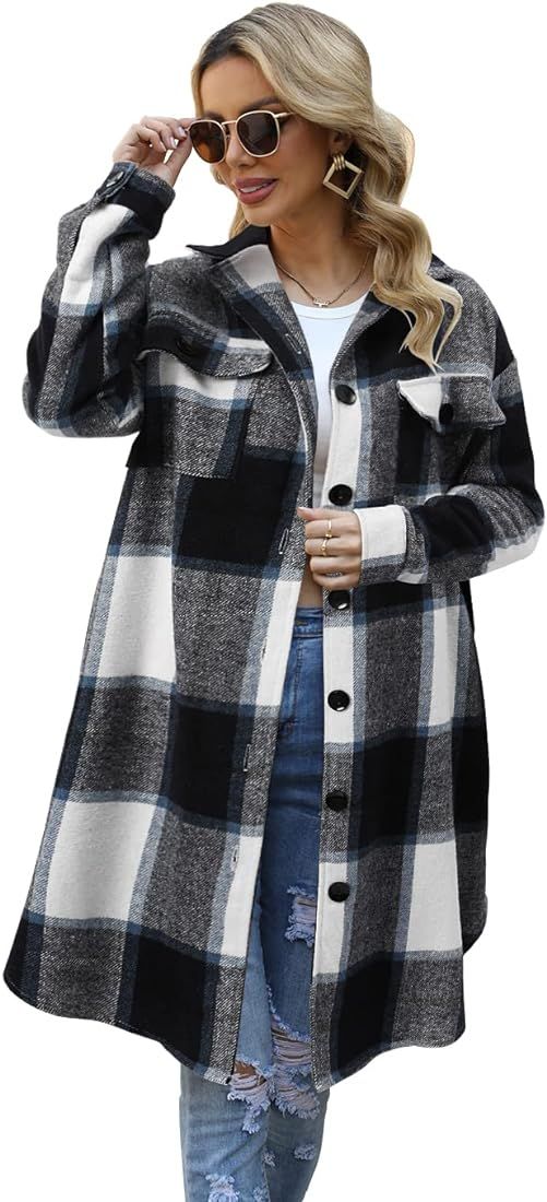 SIKAINI Womens Lounge Lapel Button Down Long Sleeve Plaid Long Shirt Jacket Shacket Coat | Amazon (US)