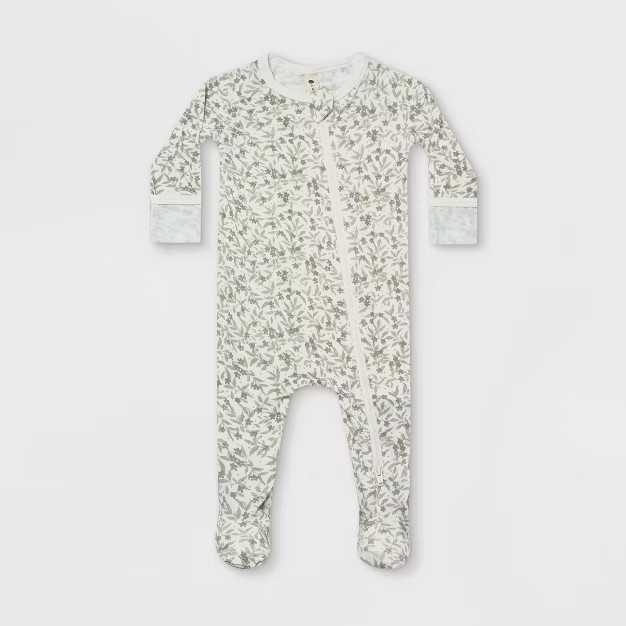 Q by Quincy Mae Baby Girls' Floral Rayon from Bamboo Zip Footed Pajama - Ivory/Blue | Target