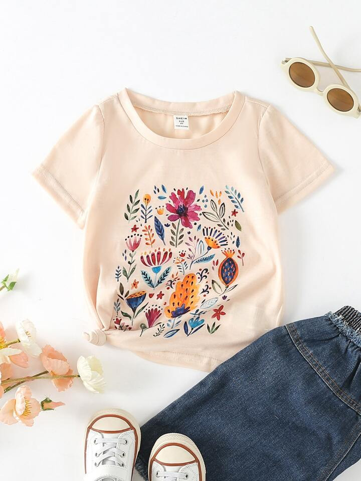 SHEIN Kids EVRYDAY Young Girl Apricot Flower Pattern T-Shirt | SHEIN
