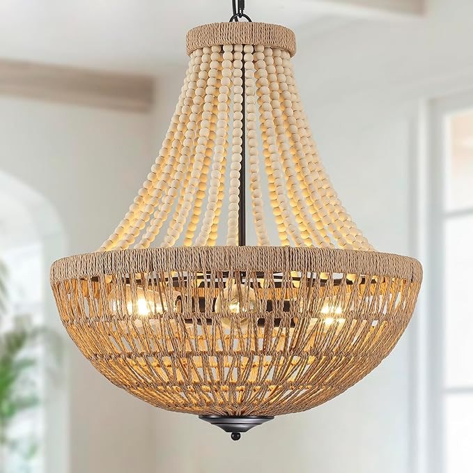 22" Wood Beaded Chandelier Boho Farmhouse Pendant Light Fixtures Bohemia Hand-Woven Rattan Chande... | Amazon (US)