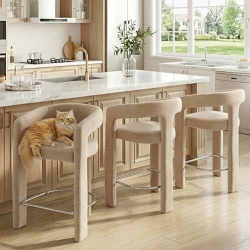HNY 26 Inch Modern Tall Barrel Bar Stools Set of 3, Velvet Upholstered Barstools with Open Backs, Counter Height Bar Stools Chairs with Armrest for Kitchen Island, Khaki | Amazon (US)