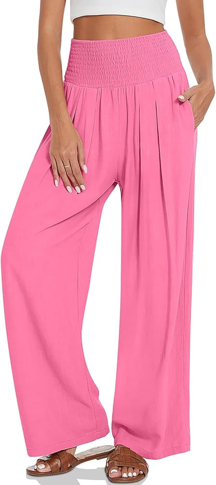 UEU Women's Linen Palazzo Pants Wide Leg High Waisted Lounge Casual Beach Pants with Pockets | Amazon (US)