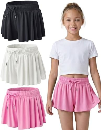3 Pack Girls Flowy Shorts with Spandex Liner 2-in-1 Youth Butterfly Skirts for Fitness, Running, ... | Amazon (US)