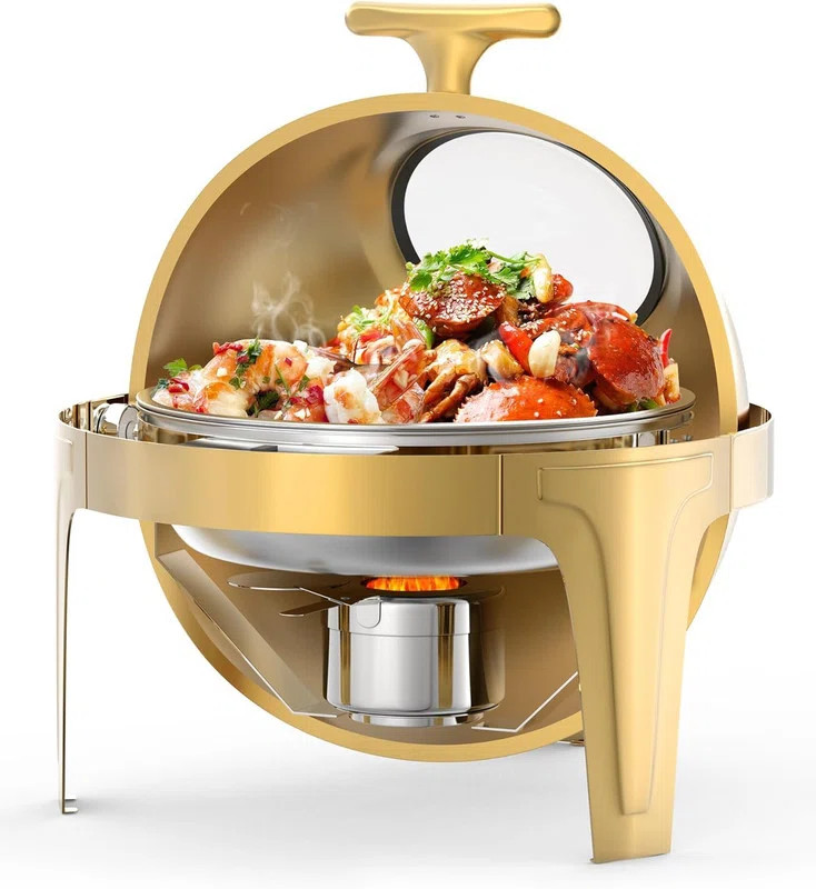 6QT Roll Top Chafing Dish Buffet Set, Round Stainless Steel Food Warmer with Glass Window, Gold | Wayfair North America