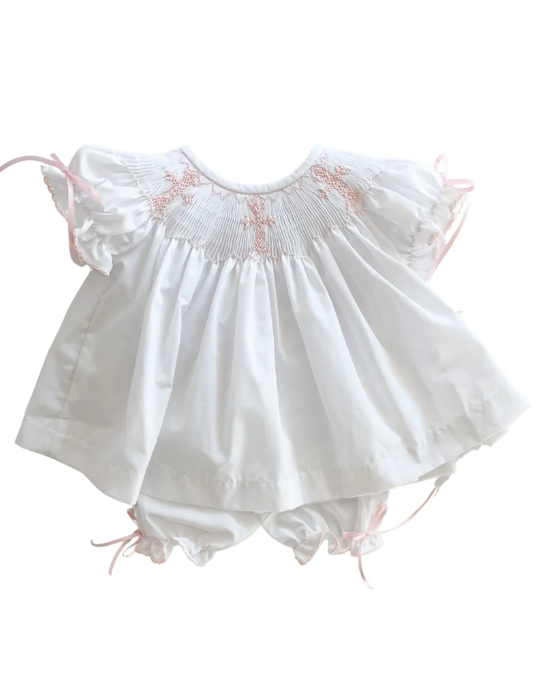Cross Smocked Bloomer Set with Pink Ribbons | Loozieloo