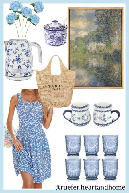 Cottage style home decor, blue decor, blue floral summer dress, faux hydrangeas, ceramic kitchen accessories, spice jar with lid, landscape art, woven straw tote bag, Laura Ashley appliance, blue glassware, salt and pepper shakers, grand millennial style, cottage chic

#LTKhome #LTKSeasonal #LTKstyletip