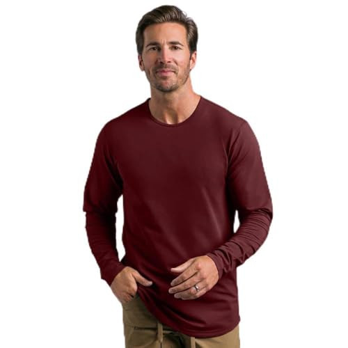 BYLT Mens Drop-Cut Long Sleeve Men's Shirt – Plain Shirt for Men, Drop Cut, Crewneck – Soft Polyester, Cotton, and Spandex Blend – Moisture Wicking, Wrinkle Resistant, Stretch Fit, Maroon, L | Amazon (US)