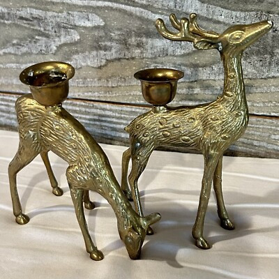 VTG Pair Brass Deer Doe Figurine  Candler Holders Christmas Holiday Decoration | eBay US