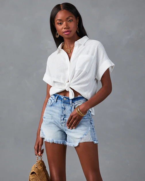 Krissy Cotton Woven Button Down Top - White | VICI