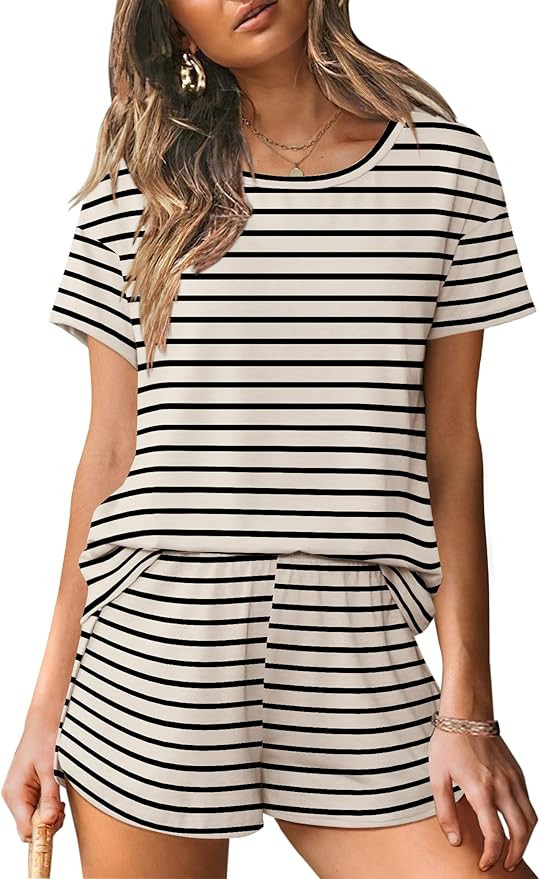 Ekouaer Women 2 Piece Pajama Sets Crew Neck Pjs Soft Short Sleeve Top and Shorts Sleepwear Summer... | Amazon (US)