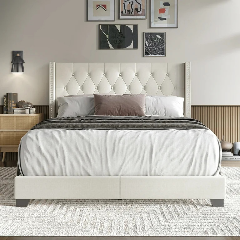 Castle Place Nailhead Trim Wingback Linen Upholstered Bed, Warm Grey, Queen - Walmart.com | Walmart (US)