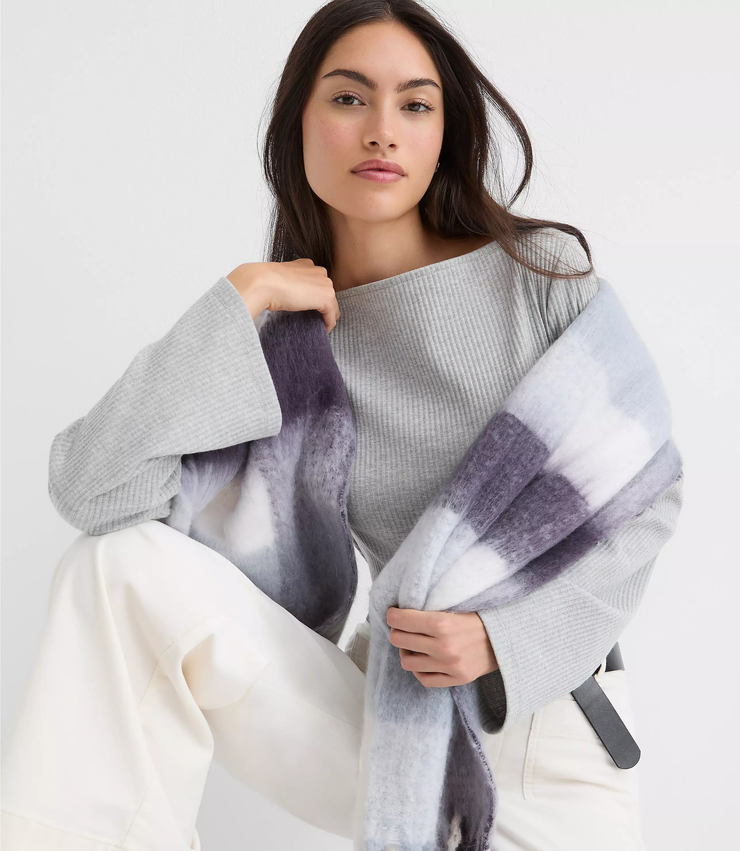 Heathered Ribbed Flare Sleeve Boatneck Top | LOFT