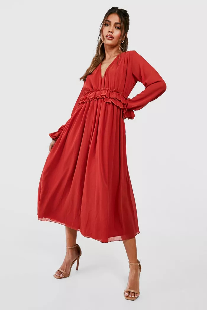 V Neck Floaty Ruffle Midaxi Dress | Boohoo.com (UK & IE)