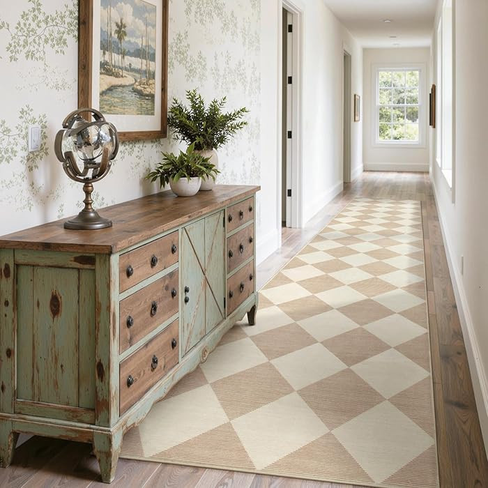 Beeiva Checkered Print Carpet Runners for Hallway 12ft, Beige Neutral Washable Long Hallway Runne... | Amazon (US)