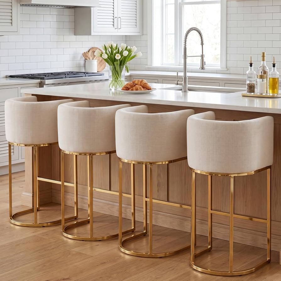 RIVOVA Contemporary Cream Linen Bar Stools Set of 4, 32" Upholstered Fabric Counter Height Barstool Kitchen Counter Island Stools with Golden Metal Base | Amazon (US)