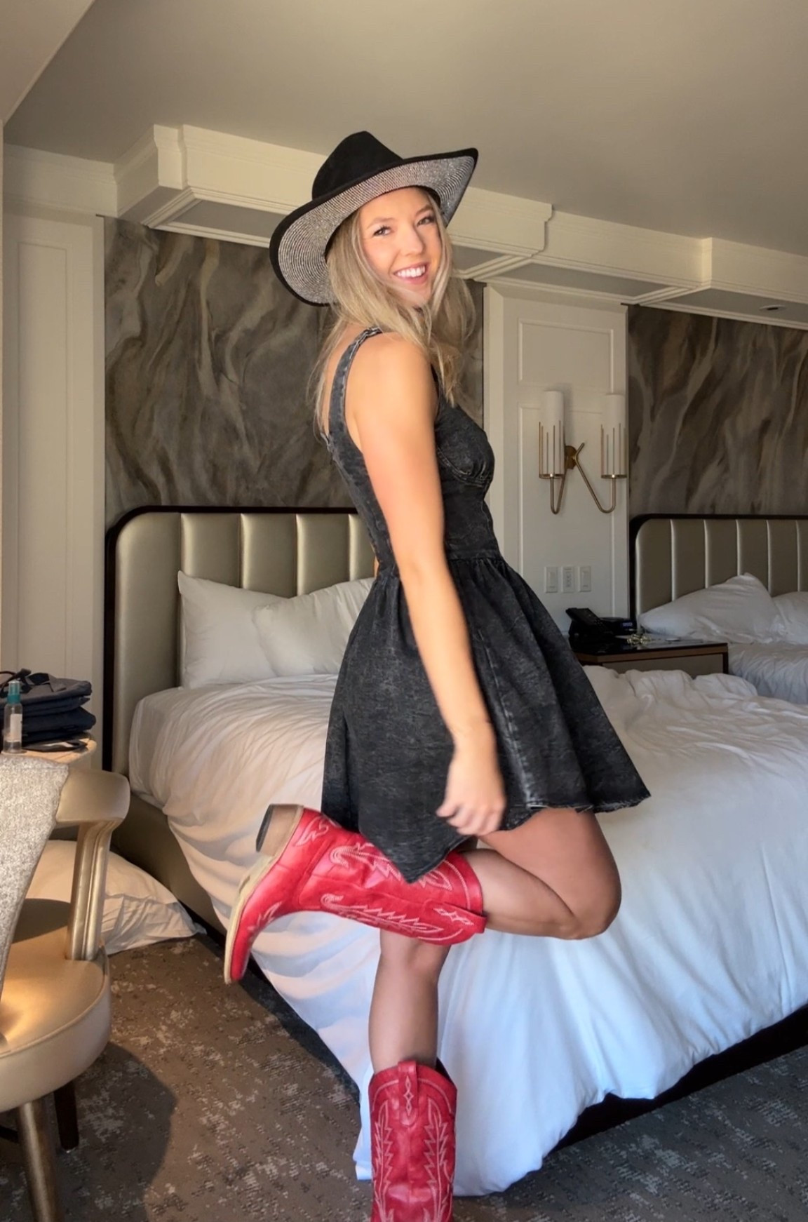 NFR day 1 outfit! #nfr #westernfashion #denimdress #redboots