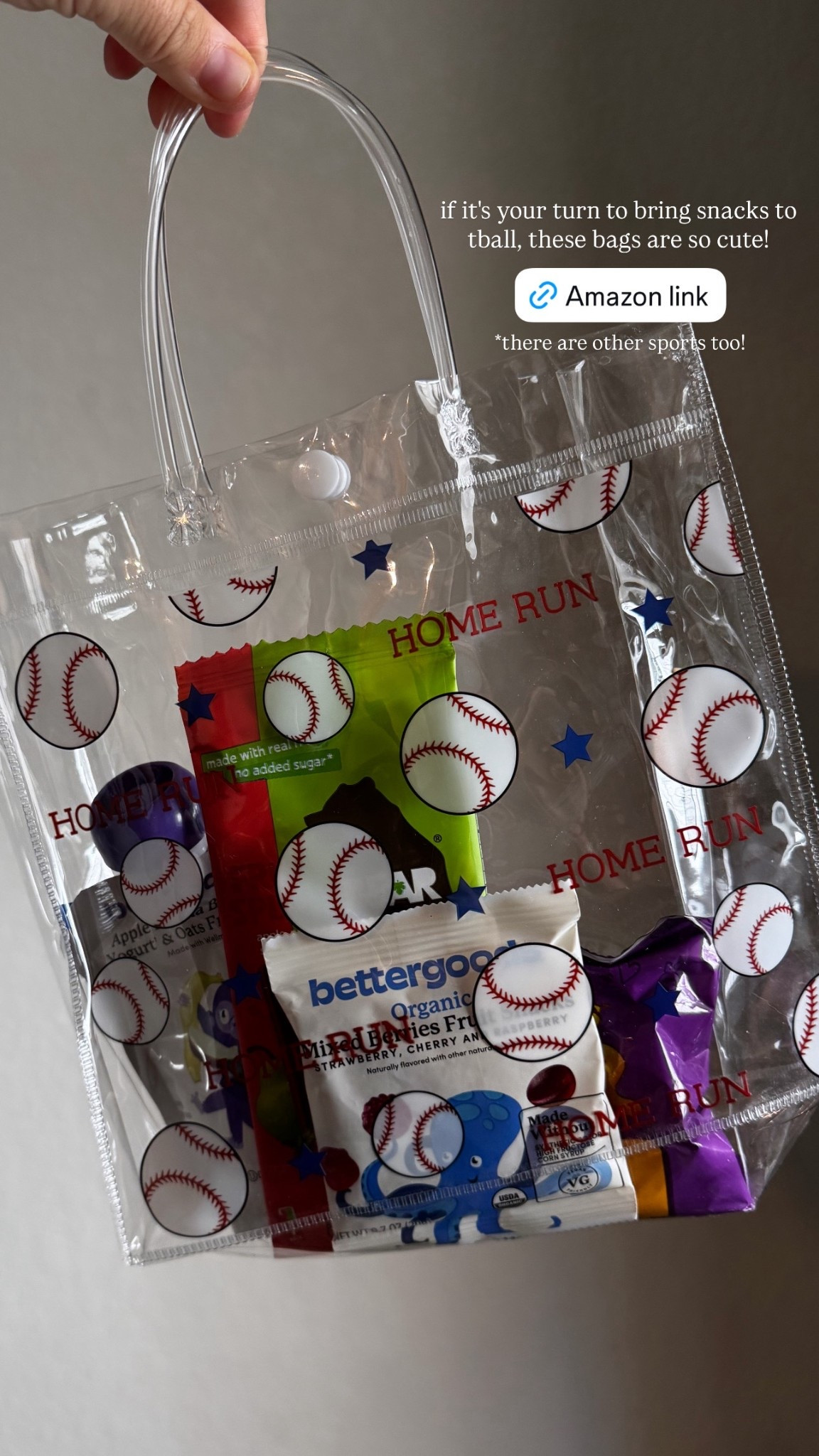 These snack bags are so cute and such a good quality! #snacks #snackbag #sports #sportsbag #clearbag #snackbags #sportbag #amazon #amazonfind #momfavorite #sport #tball #tballsnack #snackidea #giftbag #clear #partyfavor #handles #bagwithhandles #party #sportstheme