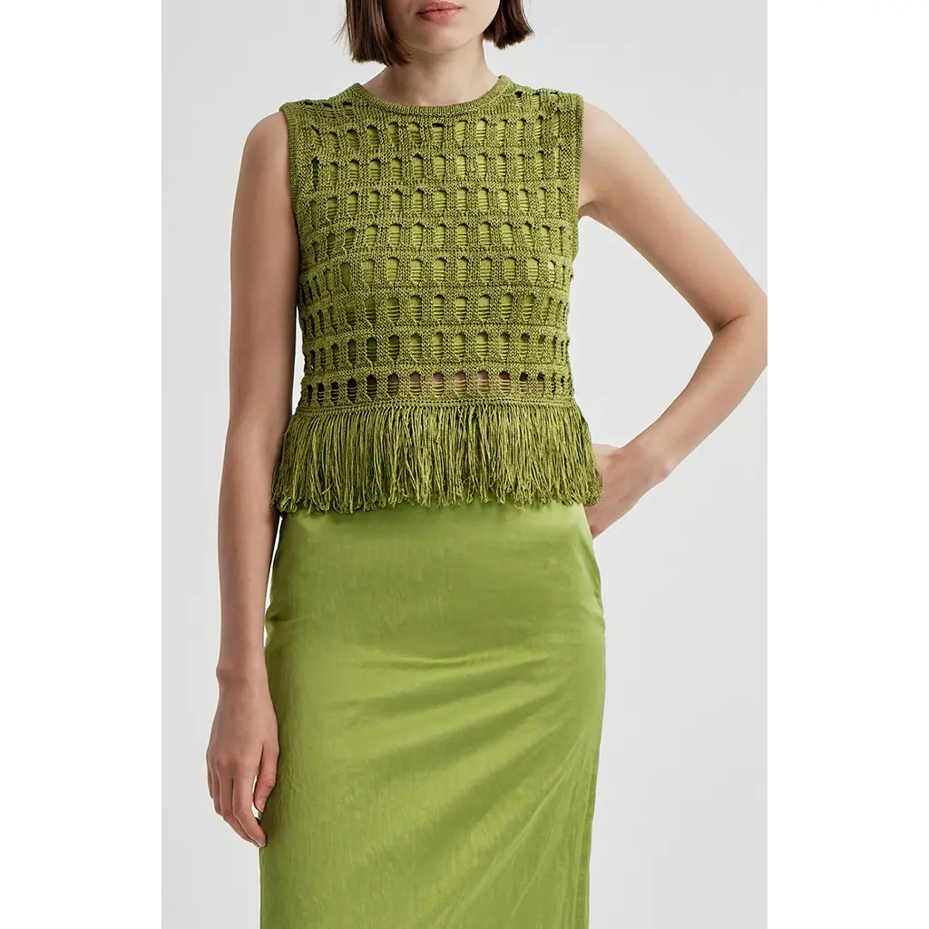 A.L.C. Esme Sleeveless Open-stitched Top with Fringe in Sage at Nordstrom, Size Medium | Nordstrom