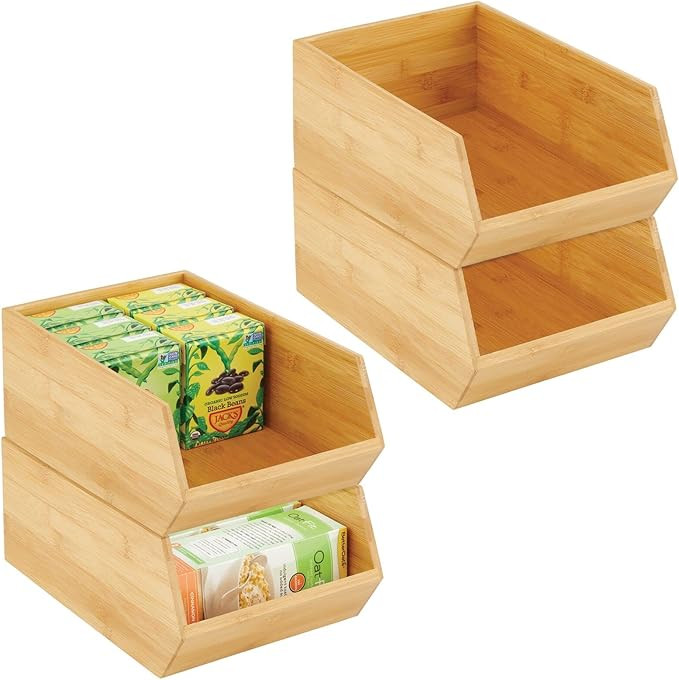 mDesign Bamboo Stackable Food Storage Organization Bin Basket - Wide Open Front for Kitchen Cabin... | Amazon (US)