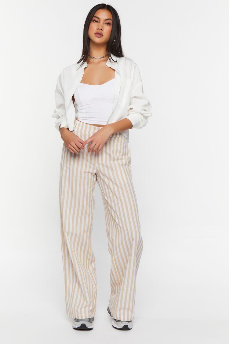 Women's Linen-Blend Striped Wide-Leg Pants in Tan/White Medium | Forever 21 (US)