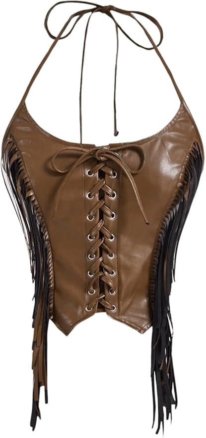 MakeMeChic Women's Lace Up Fringe PU Leather Corset Top Tie Back Cropped Halter Cami Top | Amazon (US)