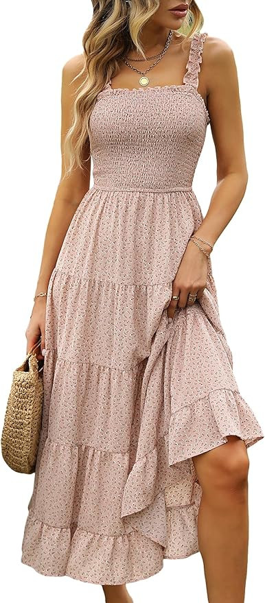 MakeMeChic Women's Summer Boho Dress Floral Print Spaghetti Strap Square Neck Shirred Maxi Dress ... | Amazon (US)