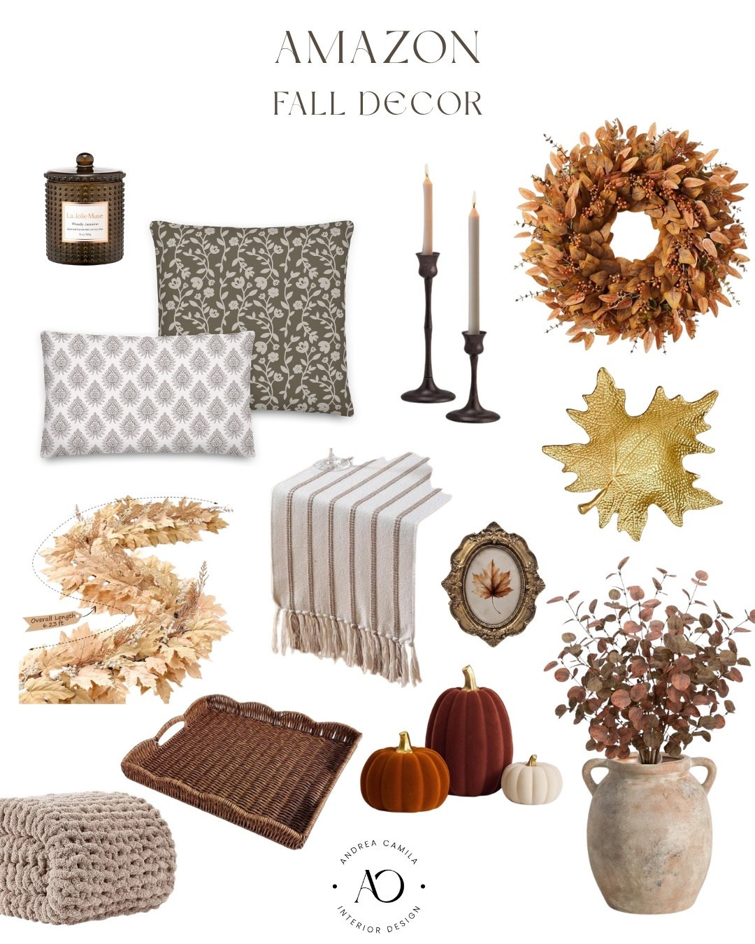 Fall decor designed picked by interior designers candlestick candle holder set of three metal. Maple leaf oval vintage picture frame bronze. Maple leaf shaped metal jewelry dish. Cypress leaves fall garland. Beige, brown, tope, white cotton and linen woven with tassels table runner. Coffee, brown serving tray with scalloped edges or Trey. Fall eucalyptus leaves, stems faux fall floral. Farmhouse, rustic vase, decorative pottery. Woody jasmine scented candle natural soy wax. Fall pumpkin decor velvet flock chunky knit throw blanket for couch fake fall eucalyptus wreath for front door decor. ￼

#LTKSeasonal #LTKSaleAlert