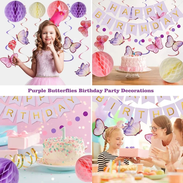 Birthday Decorations, Happy Birthday Banner with Honeycomb Balls, Butterfly Hanging Swirl Streame... | Walmart (US)