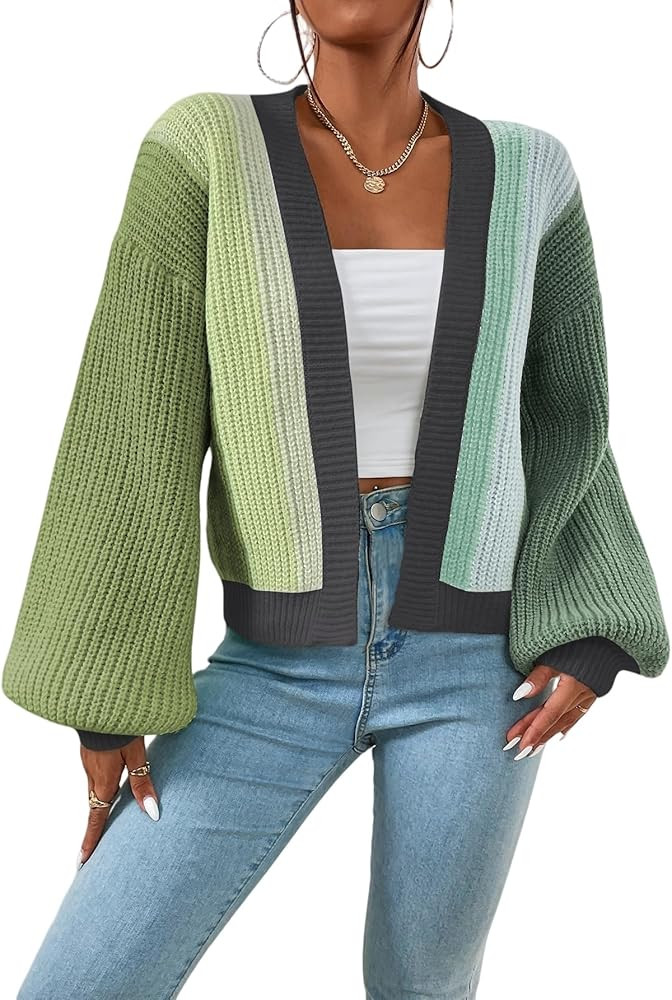SHENHE Women's Color Block Open Front Long Sleeve Ribbed Knit Cropped Cardigan Sweaters | Amazon (US)