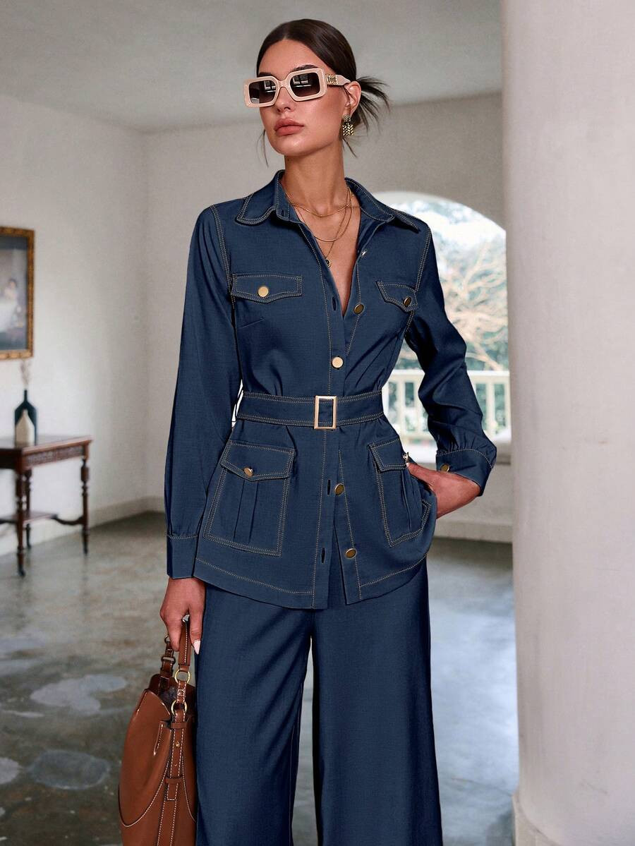Sollinarry Conjunto de dos piezas para mujer de otoño, nueva moda casual con decoración de bolsillo prensado y cinturón, top de manga larga y pantalones holgados, estilo Old Money elegante | SHEIN