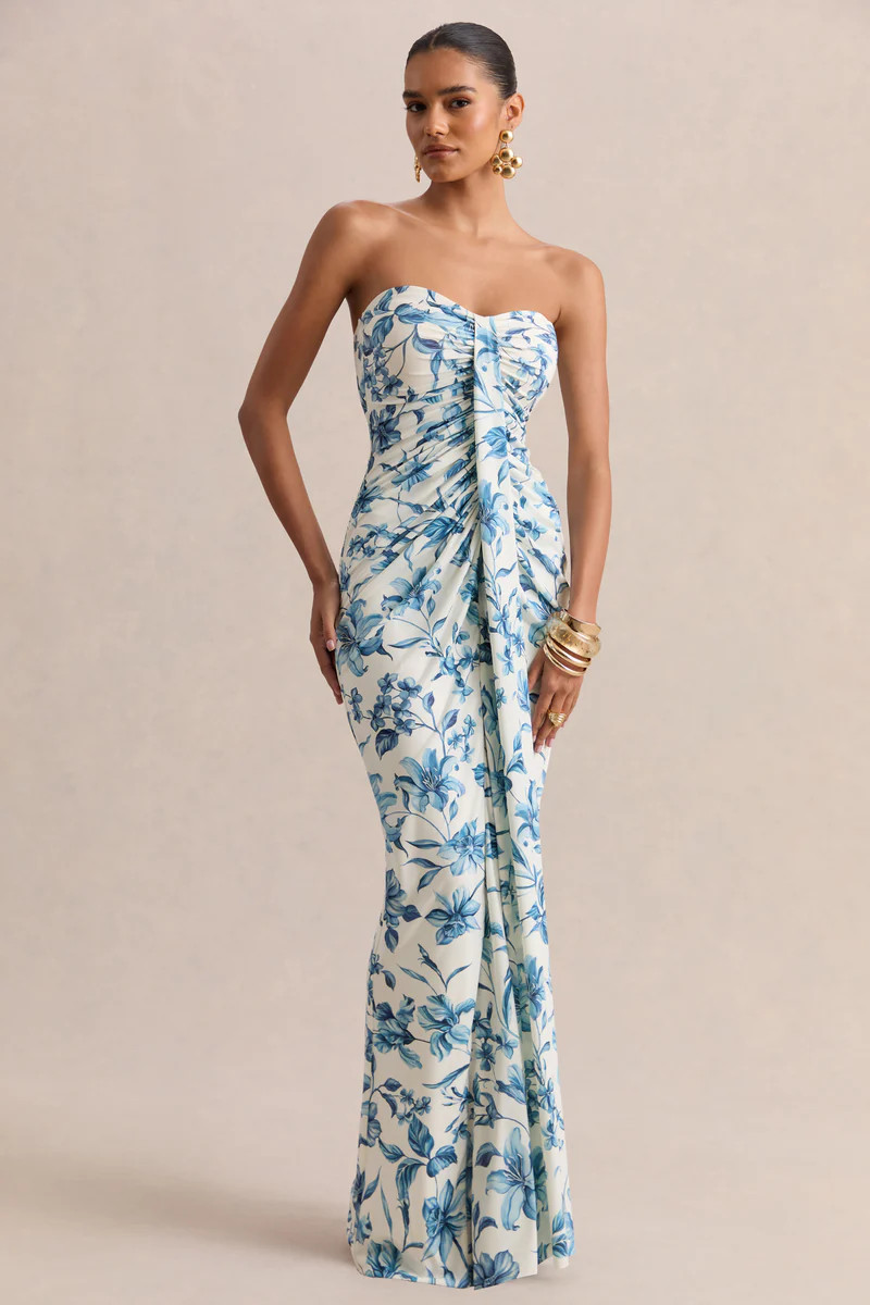 Ali  Blue Porcelain Print Sweetheart Ruched Wrap Maxi Dress | Club L London