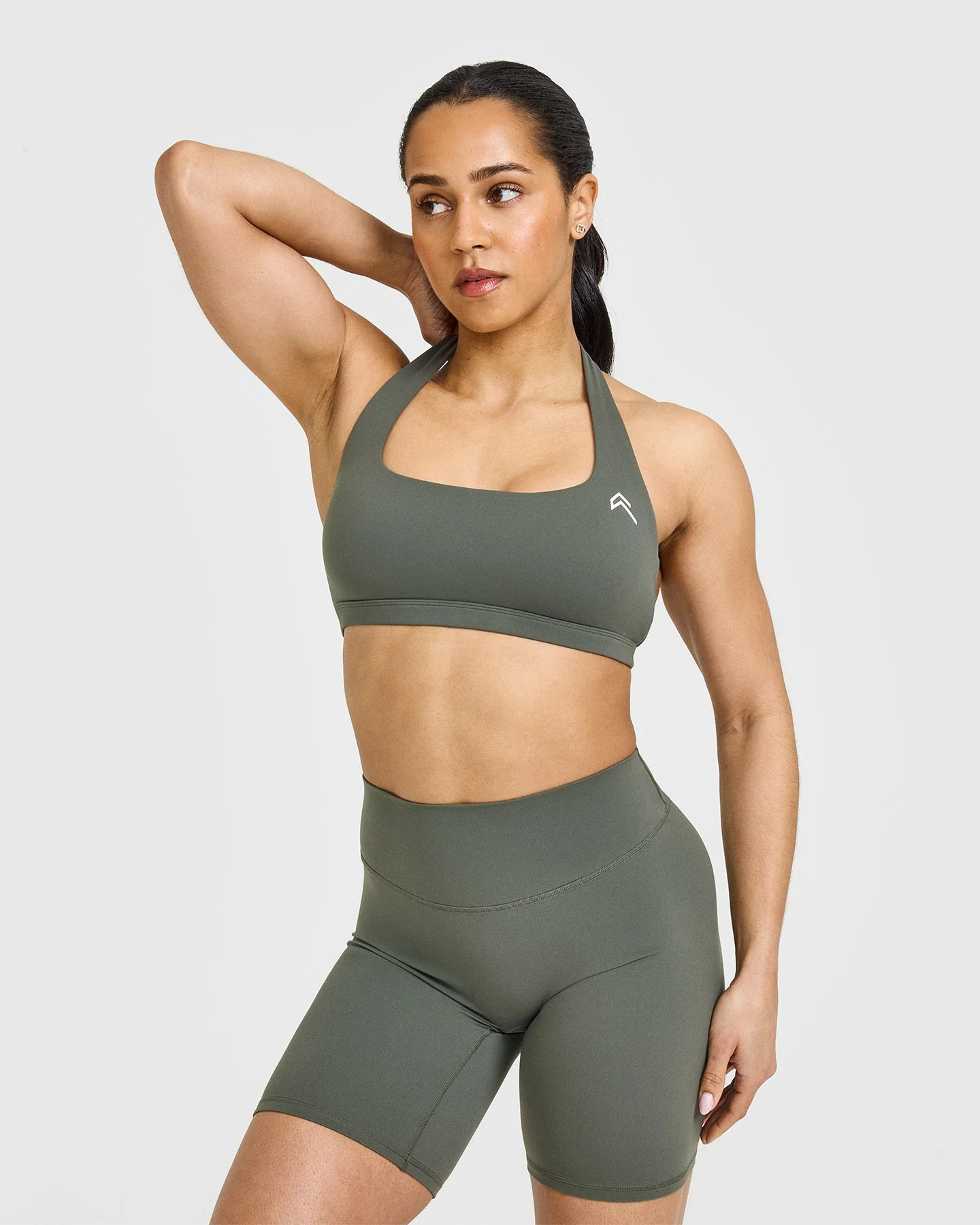 EasyLift™ Halter Bralette with White Logo 
 Dark Khaki | Oner Active (UK / US)
