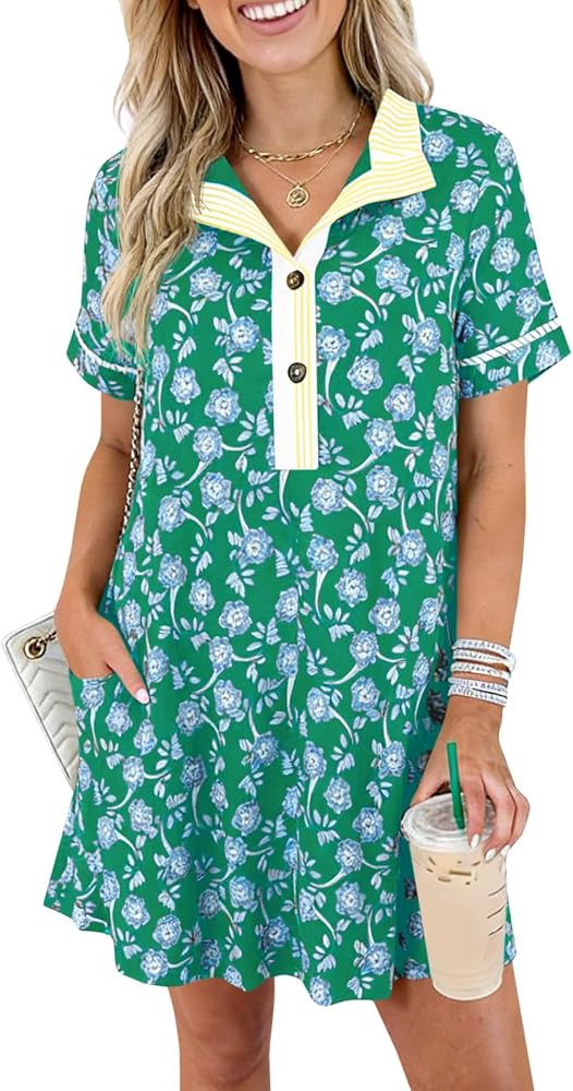 Wenrine Womens Floral Mini Dress Casual Short Sleeve Collared Button Down Summer Beach Vacation D... | Amazon (US)