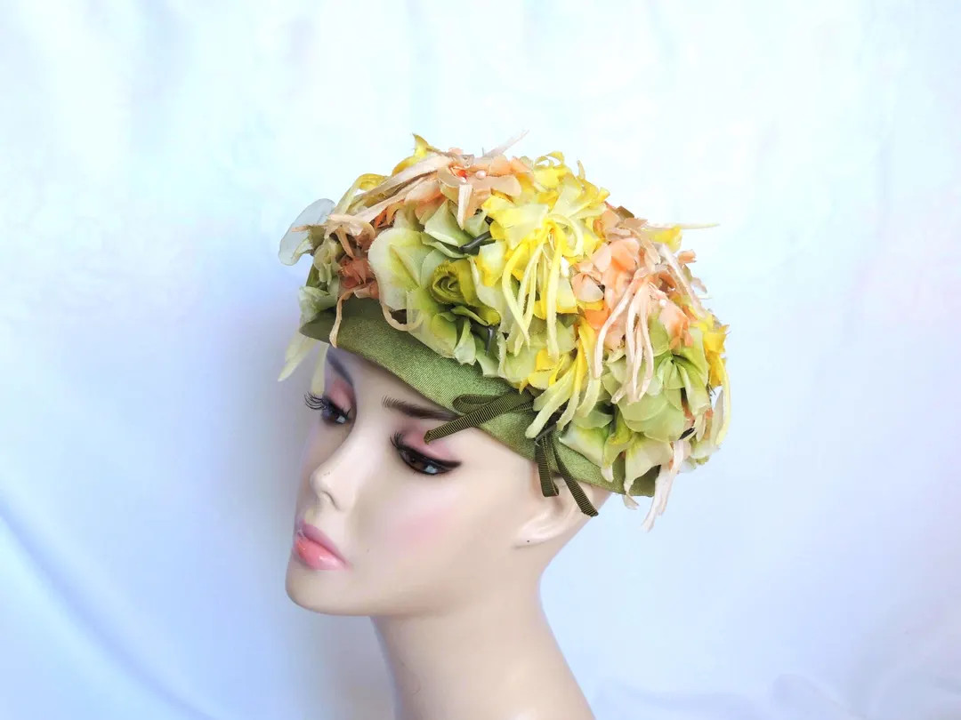 Vintage Green, Yellow, and Peach Silk Floral 1950's Dress Hat - Etsy | Etsy (US)