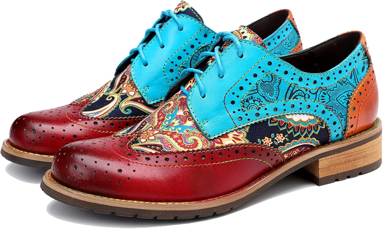 Women's Handmade Lambskin Oxford Loafers Shoes with Retro Ethnic Printed Style, Brock Design for ... | Amazon (US)