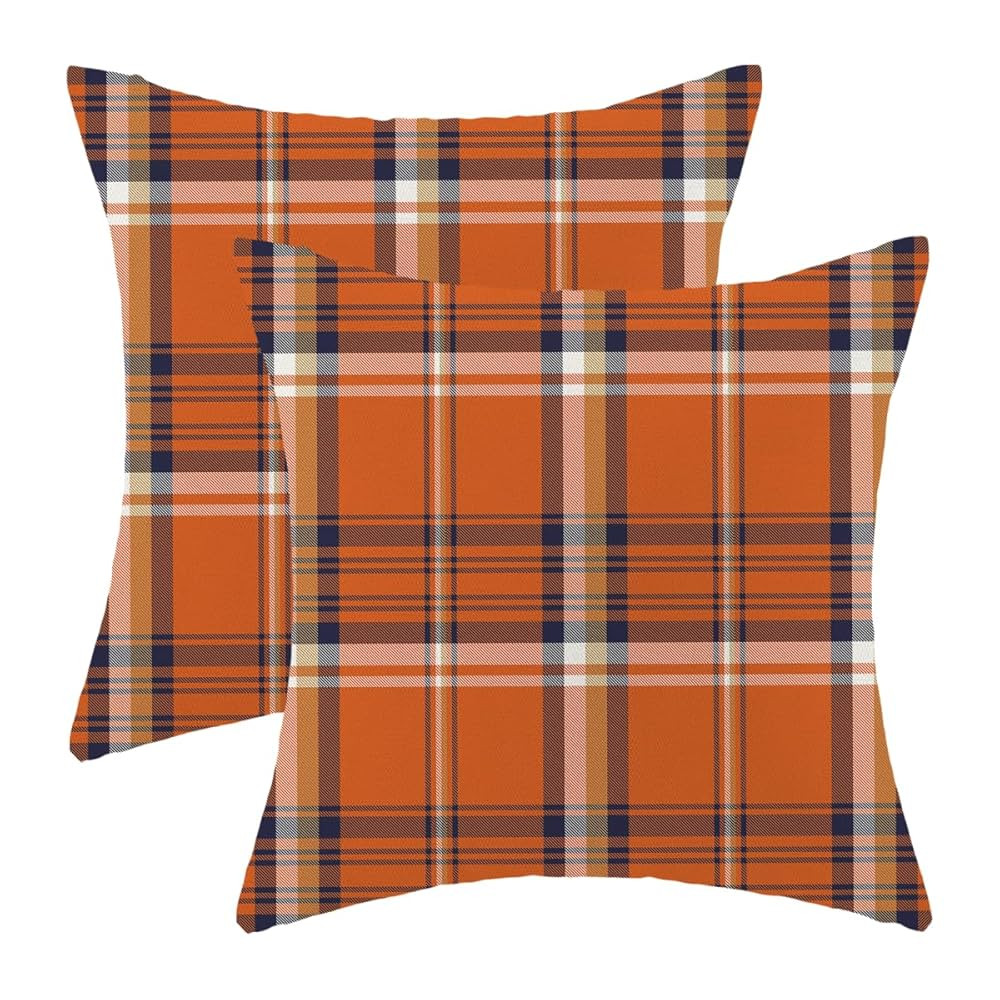 Fall Pillow Covers 18 x 18 Inch Set of 2 Autumn Orange Navy Blue Plaid Throw Pillows Outdoor Deco... | Amazon (US)